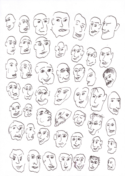 Pierwsza część tryptyku przedstawia 7 rzędów pokazujących po 7 twarzy. Każdy rysunek w sposób staranny, za pomocą celnych kresek czarnego tuszu, odwzorowuje indywidualną mimikę twarzy i malujące się na nich różne emocje