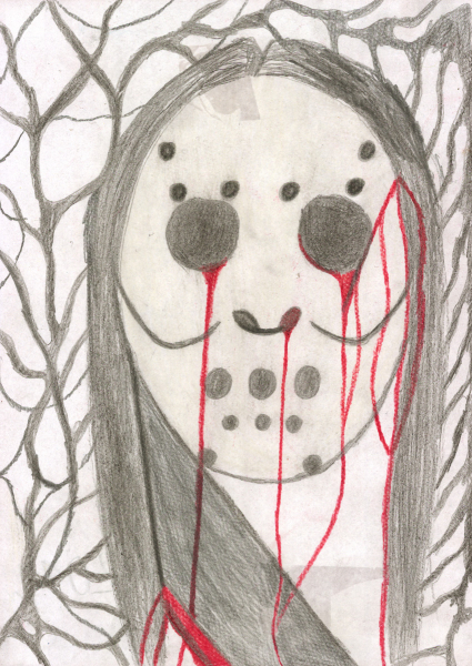 Na białej kartce, grubą czarną kredką, narysowana jest głowa długowłosej osoby w białej, plastikowej masce z licznymi okrągłymi otworami na nos, usta i oczy. Z okrągłych czarnych otworów na oczy i nos wypływają strużki krwi
