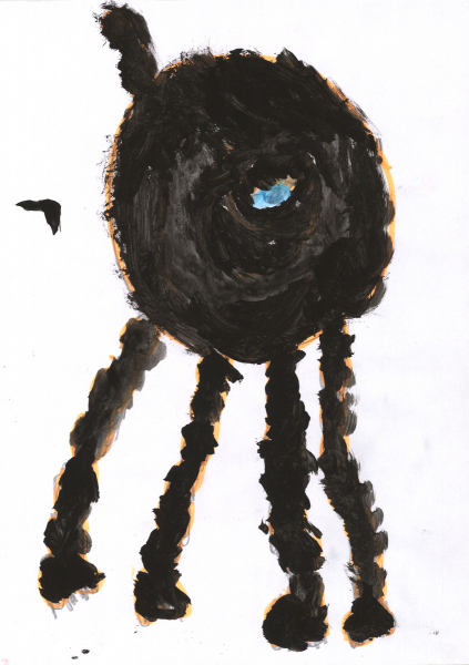 W centrum białej kartki na 4 cienkich włochatych nogach porusza się okrągły czarny potwór. Na środku jego włochatego korpusu spogląda jedno niebieskie oko, a po drugiej stronie tułowia umieszczony jest krótki ogon