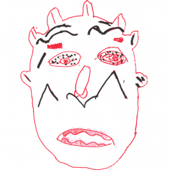 Na białej kartce czerwoną linią narysowana jest komiksowa głowa z 4 różkami. Widoczne są przerażające czerwone oczy z wykropkowanymi  na czarno białkami, czarne blizny na policzkach i czole oraz rozwarte usta